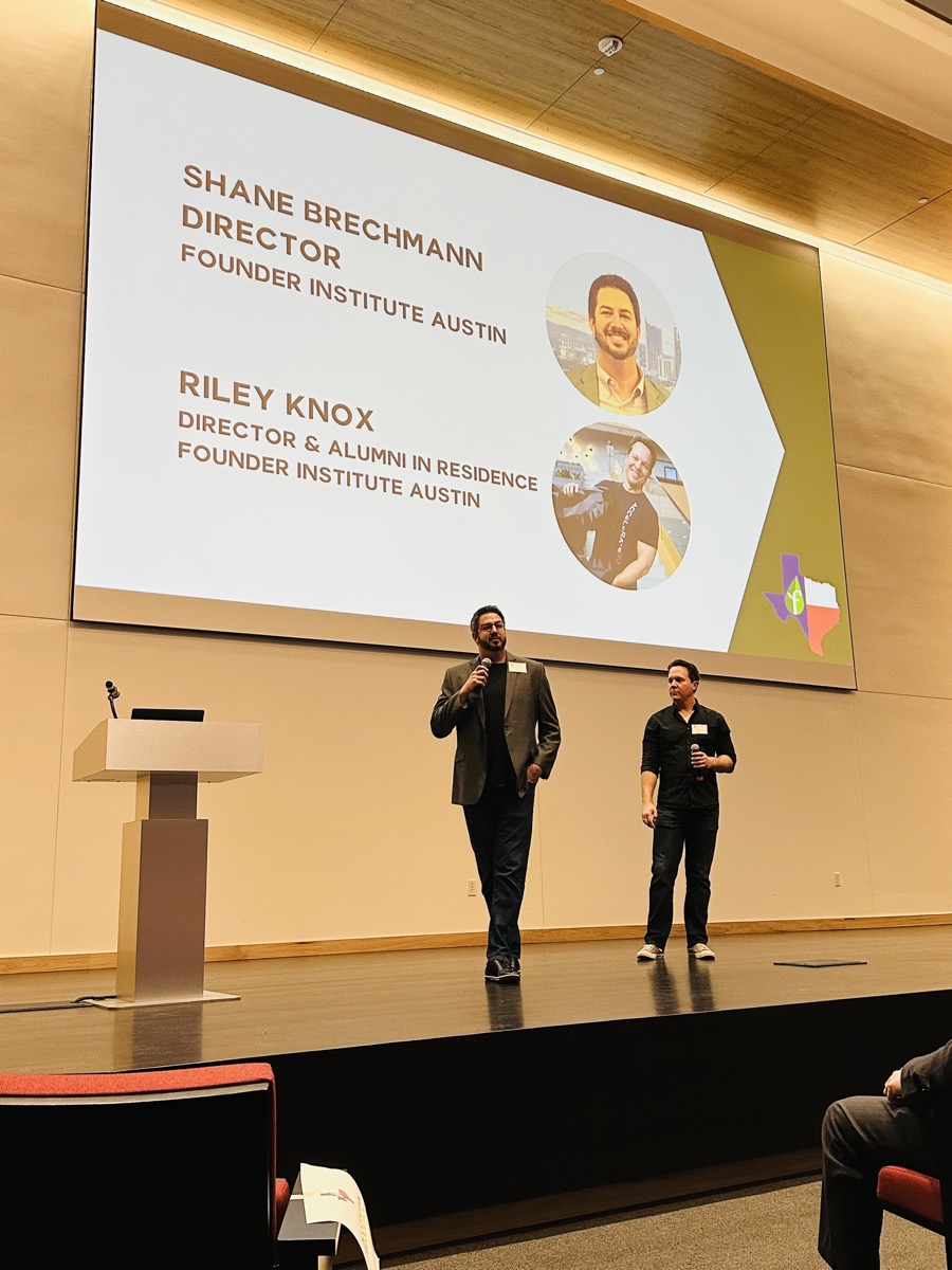 Shane Brechmann on stage at Founder Institute Austin